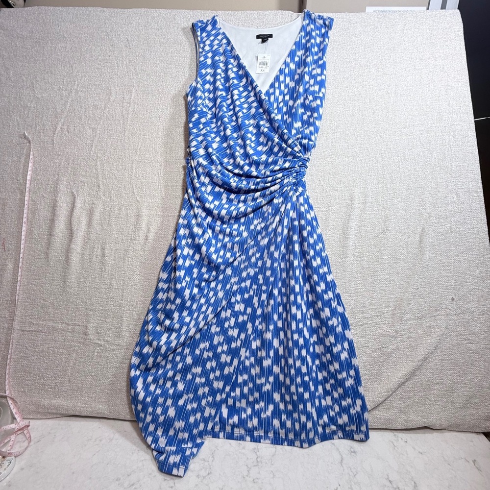Ann Taylor Blue White Ikat Faux Wrap Ruched Sheath Dress XS New
